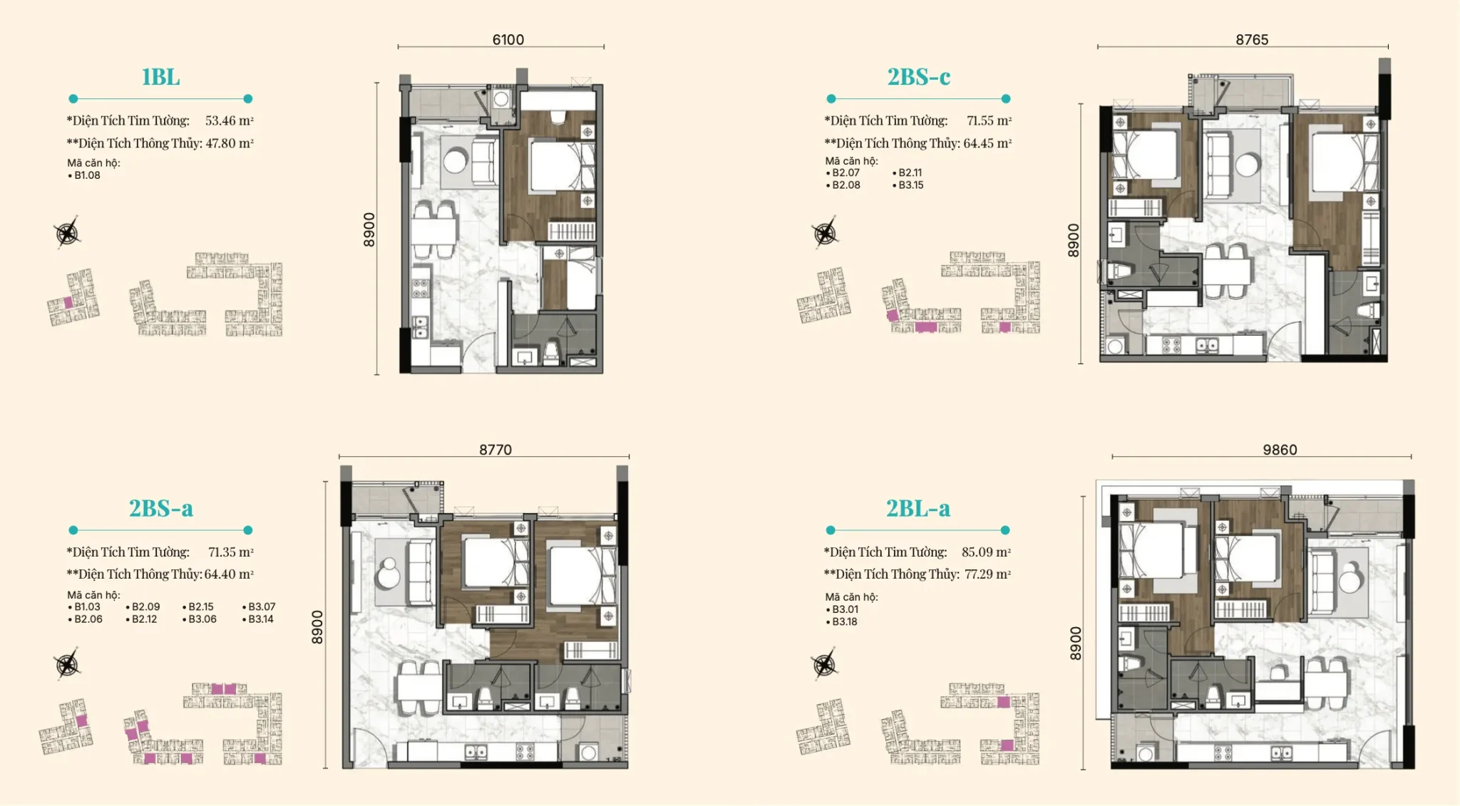 Layout căn hộ 1PN & 2PN